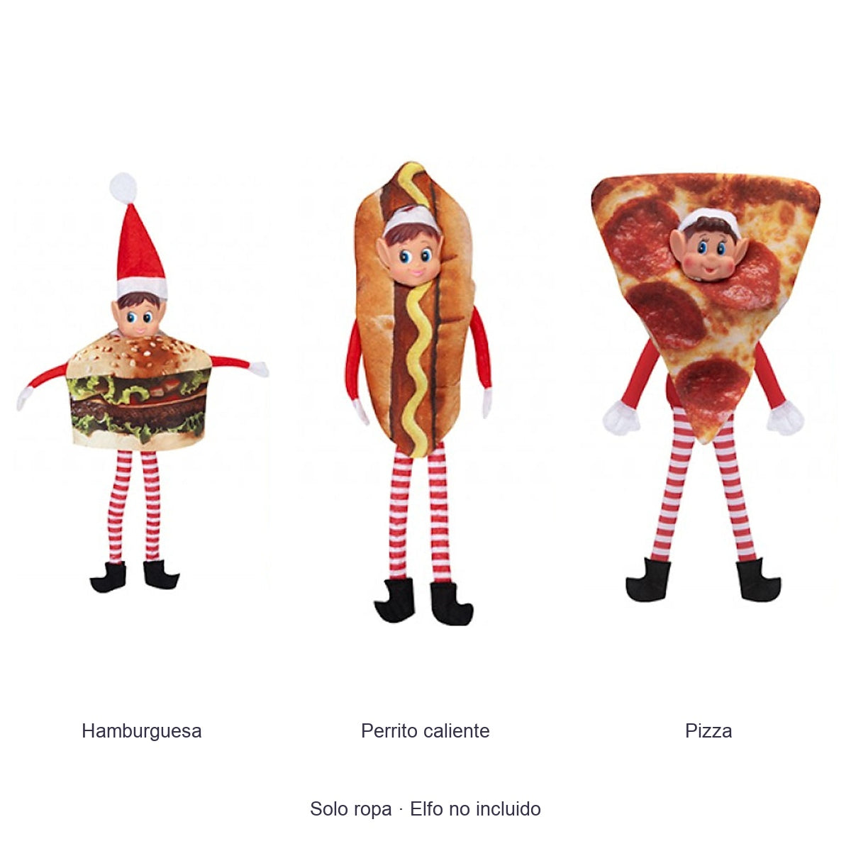Disfraces para elfos — hamburguesa, perrito caliente y pizza; elfo no incluido
