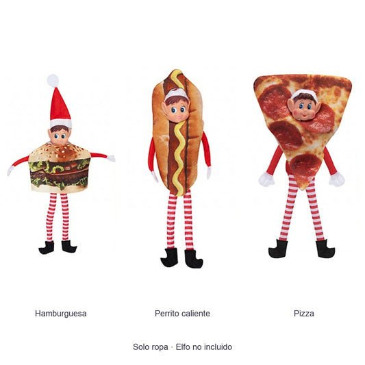 Disfraces para elfos — hamburguesa, perrito caliente y pizza; elfo no incluido