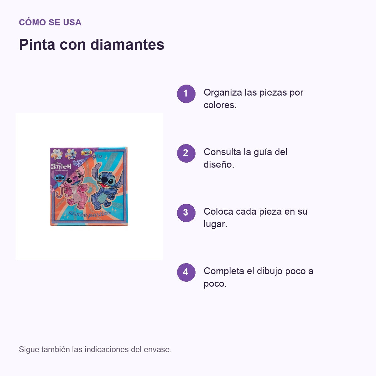 Guía de uso en español: Lienzo para pintar con diamantes Stitch · 29 × 29 cm