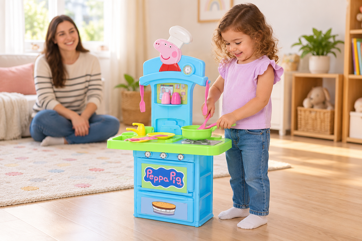 Escena ilustrativa generada con IA de la cocina Peppa Pig de 71 cm