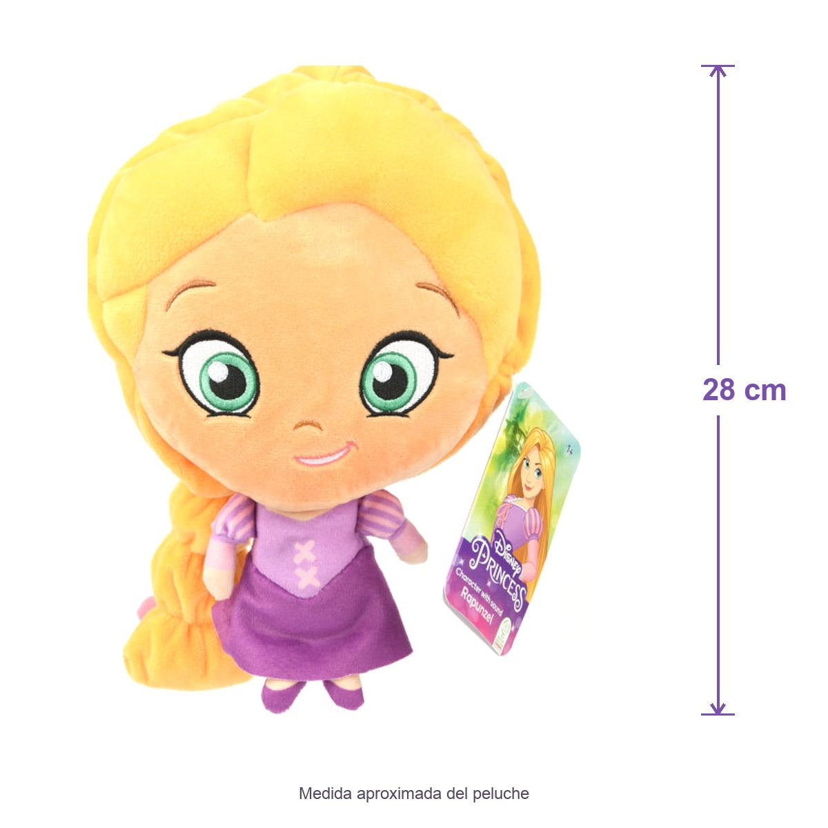 Peluche Rapunzel con sonido · Disney Princess · 28 cm — medida aproximada