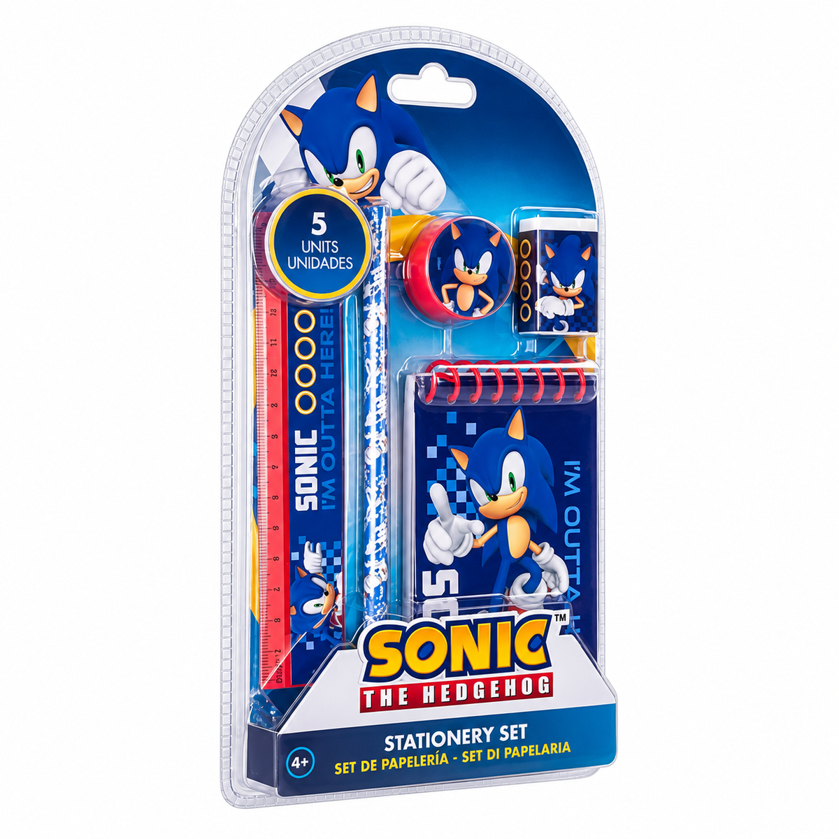 Set de papelería Sonic the Hedgehog · 5 piezas — imagen mejorada con IA a partir del original