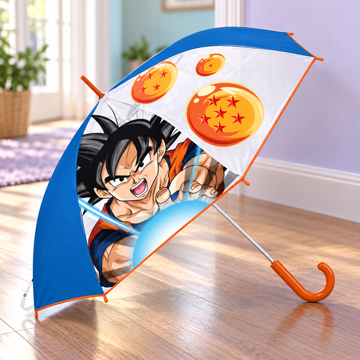 Paraguas Dragon Ball transparente · azul o naranja — entorno ilustrativo generado con IA